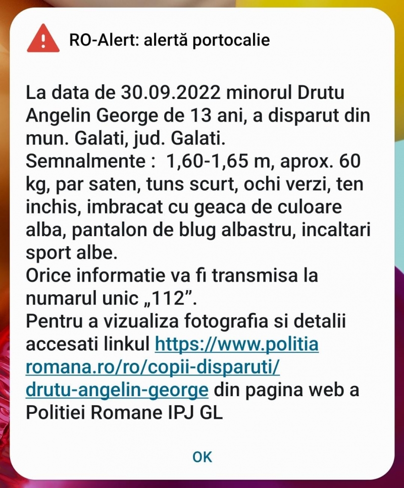 Mesaj Ro Alert transmis în București pentru un copil de 13 ani