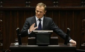 Poland's PM Tusk delivers a speech at Parliament in Warsaw