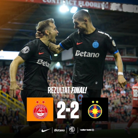 FCSB rezistă cu un om în minus și pleacă neînvinsă din Scoția: 2-2 cu Aberdeen